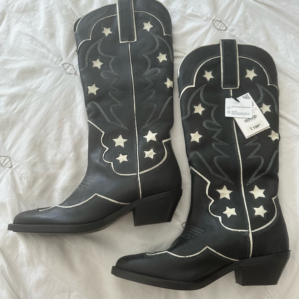 Zara Womens Black White Leather Stars boots